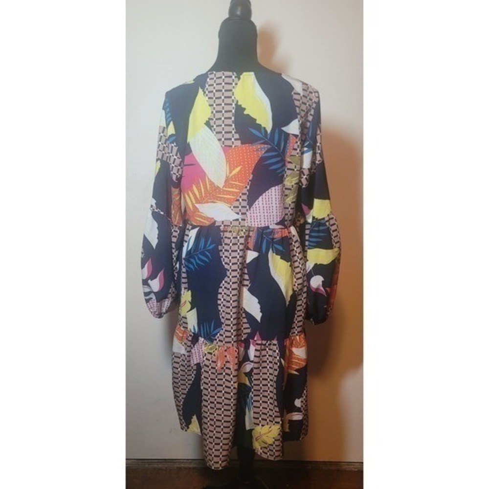 Boho Patchwork Mini Dress Large Tiered Bell Sleeve V-Neck - Picture 4 of 5